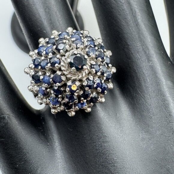 Vintage Mid Century MCM Sterling Silver Natural Sapphire Cluster Dome Ring 7.75